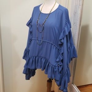 Olympiah Blue Flutter Sleeve Ruffle Long Sleeve Blouse Brazil